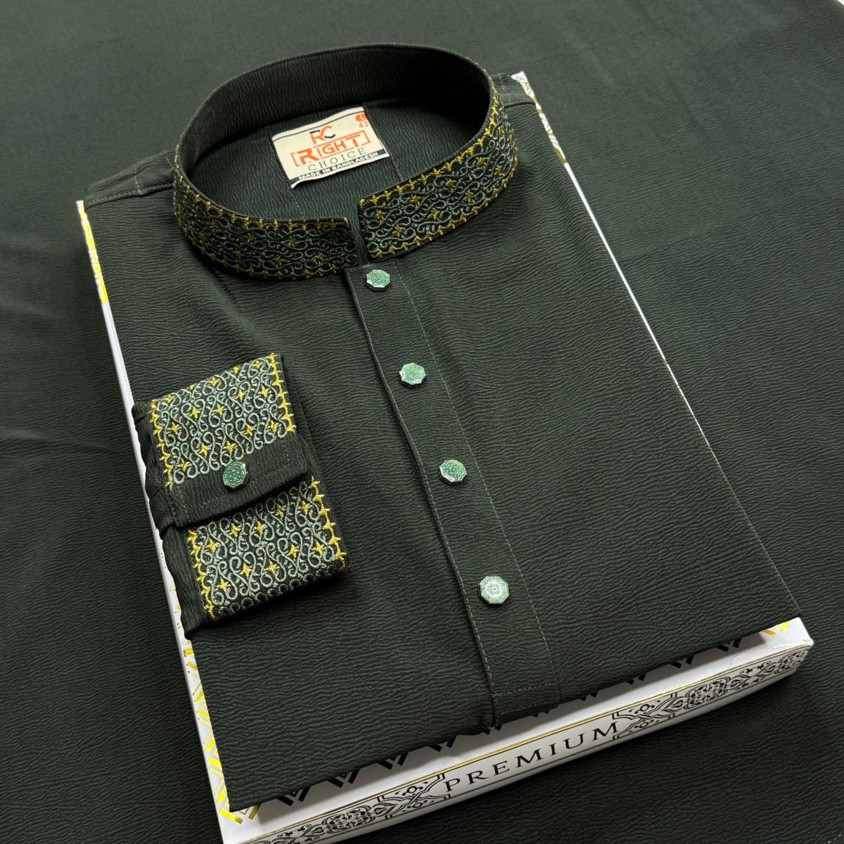 (CODE: 404) এলিগ্যান্ট এম্ব্রয়ডারি জাফরান পাঞ্জাবী - Image 3