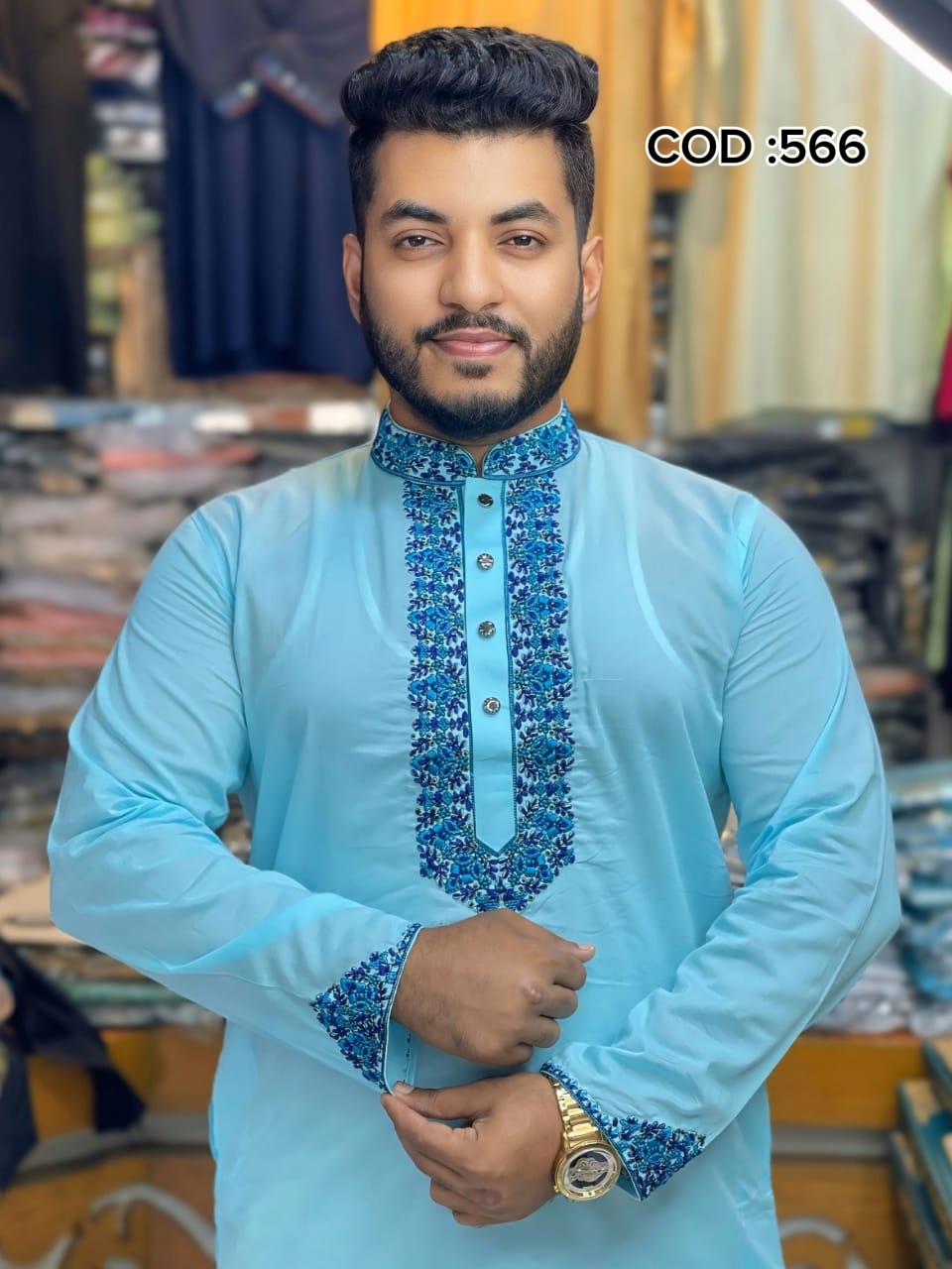 566 প্রিমিয়াম মাঙ্গলাম ধুতি কটন এমব্রয়ডারি পাঞ্জাবি (CODE: 566) - Image 1